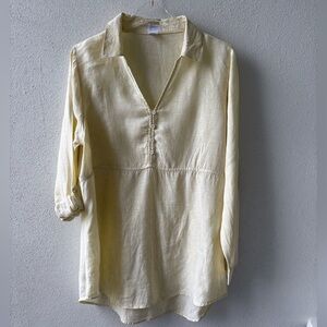 Sigrid Olsen‎ 100% Linen Pale Yellow Size L V Neck Beach Swim Cover Up Pool